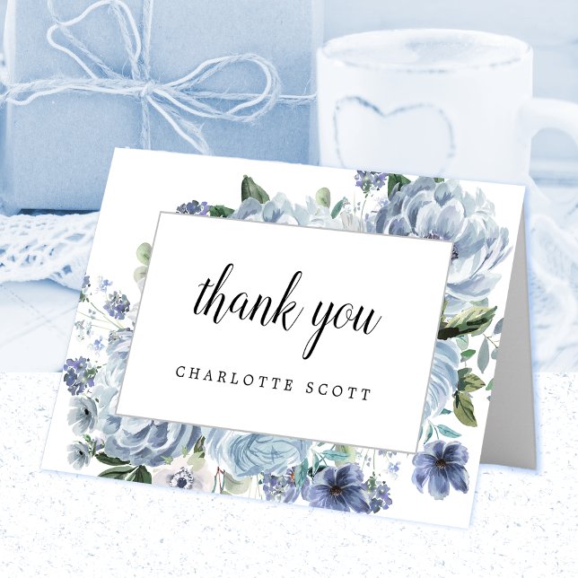 Dusty Blue Rose Floral Bridal Shower Photo Thank You Card (Creator Uploaded)