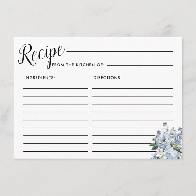 Dusty Blue Rose Floral Bridal Shower Recipe Card (Front)