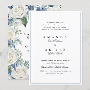 Dusty Blue Rose Floral Elegant Classic Wedding  Invitation