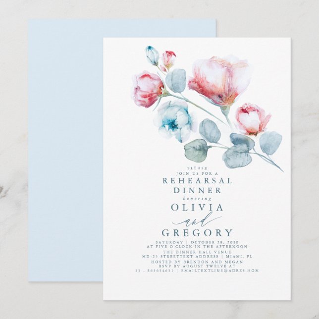 Dusty Blue Rose Floral Elegant Rehearsal Dinner Invitation (Front/Back)