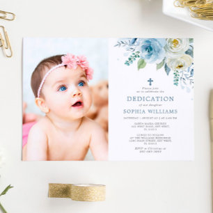 Dusty Blue Rose Floral Photo Girl Dedication Invitation