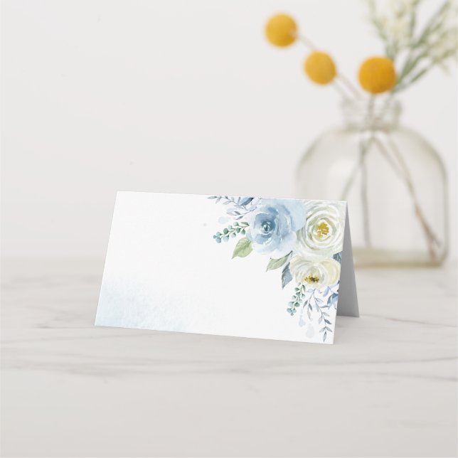 Dusty Blue Rose Floral Wedding Place Card (Front)