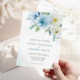 Dusty Blue Rose Floral Wedding Save the Date Invitation