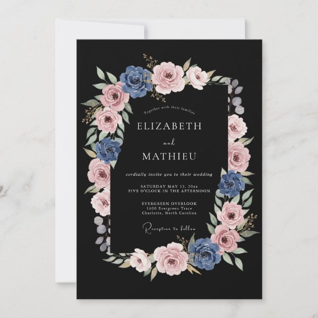 Dusty Blue Rose Flourish Wedding Invitation (Front)