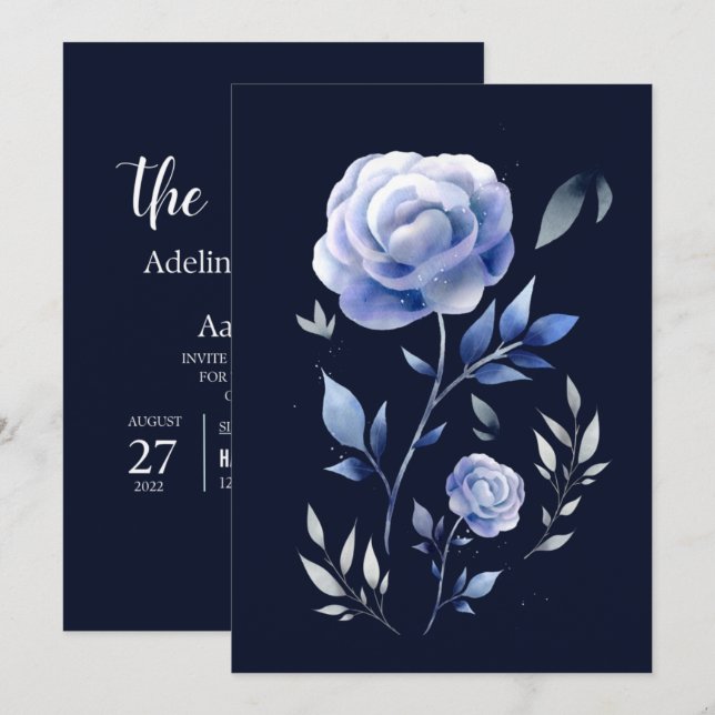 dusty blue rose flower floral wedding invitation (Front/Back)