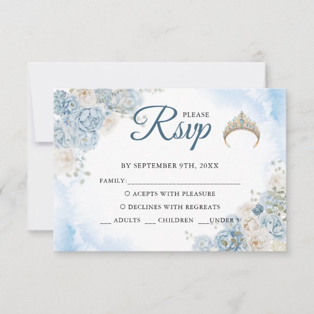 Dusty Blue Rose Flowers Quinceanera Response Card (Front)
