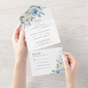 Dusty Blue Rose Flowers Wedding  All In One Invitation