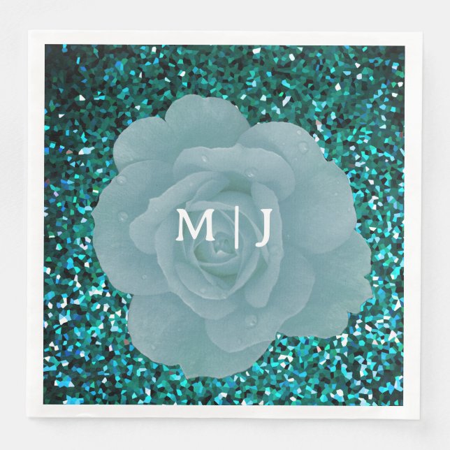 Dusty Blue Rose Glittery Monogram Elegant Wedding Napkin (Front)