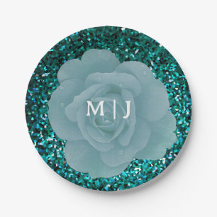 Dusty Blue Rose Glittery Monogram Elegant Wedding Paper Plate