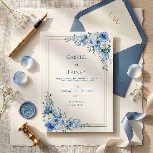 Dusty Blue Rose Gold Double Frame Wedding Invitation (Creator Uploaded)