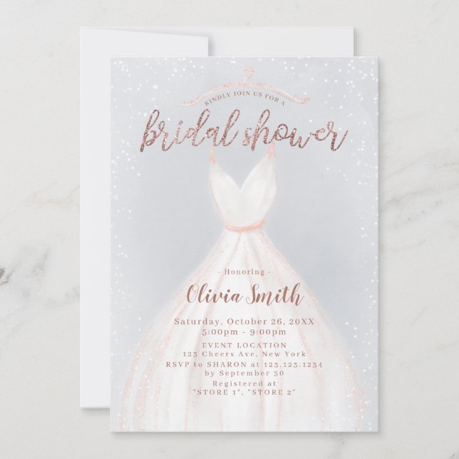 Dusty Blue Rose Gold Elegant Dress Bridal Shower Invitation (Front)