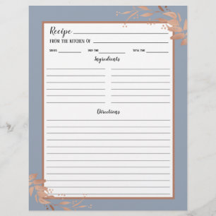 Dusty Blue Rose Gold Foliage Recipe Binder Page