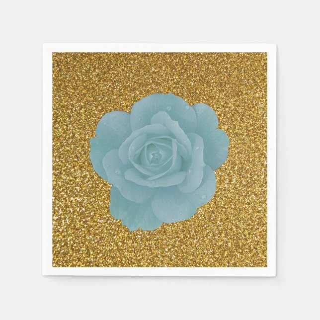 Dusty Blue Rose Gold Glitter Bridal Shower Wedding Napkin (Front)