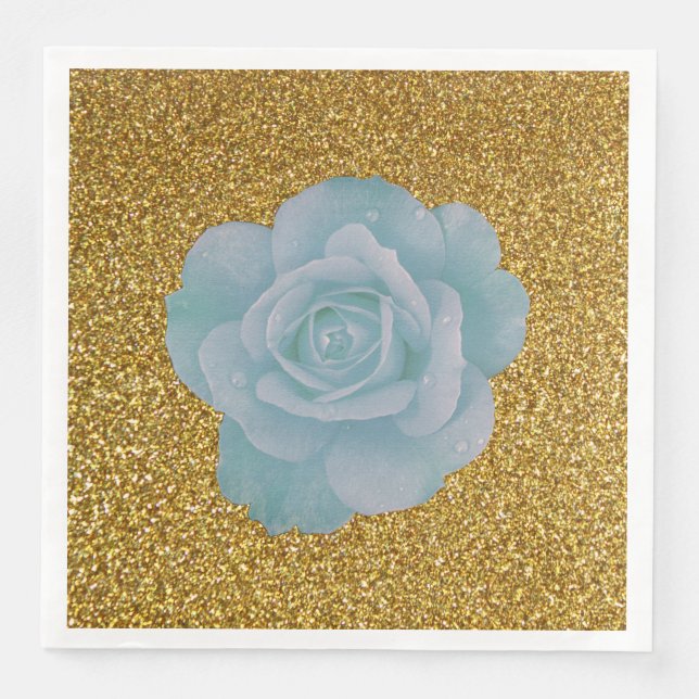 Dusty Blue Rose Gold Glitter Bridal Shower Wedding Napkin (Front)