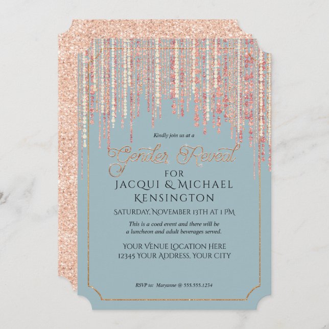 Dusty Blue Rose Gold Glitter Fringe Gender Reveal Invitation (Front/Back)