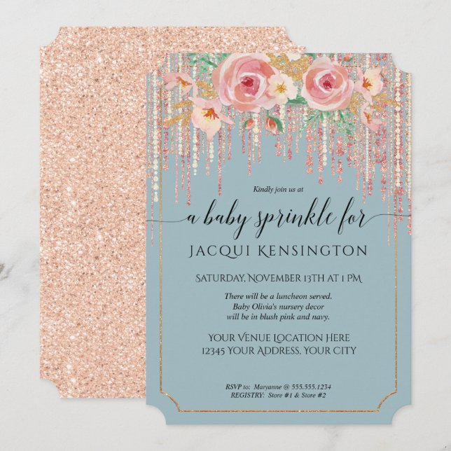 Dusty Blue Rose Gold Glitter Pink Floral Sprinkle Invitation (Front/Back)