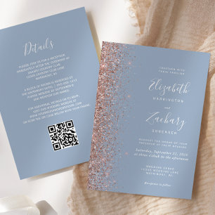 Dusty Blue Rose Gold Glitter QR Code Wedding Invitation