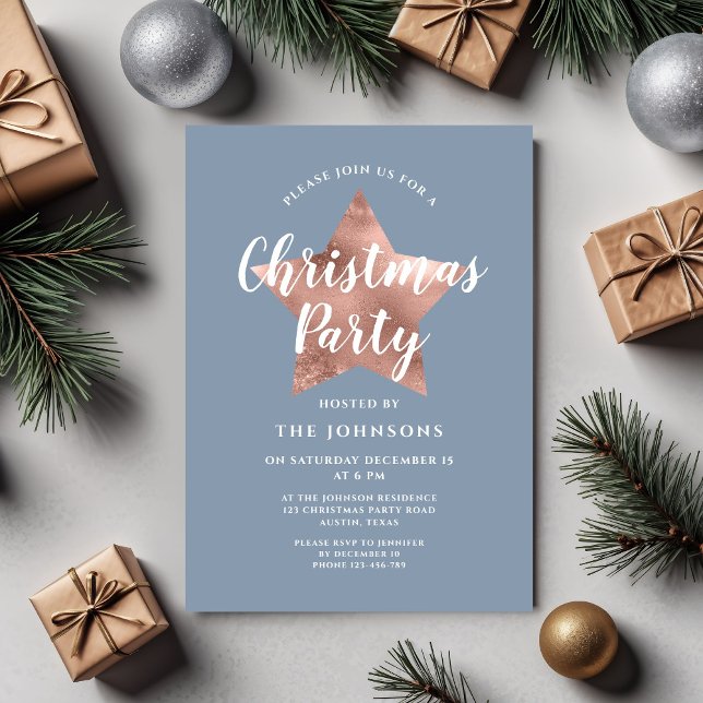 Dusty Blue Rose Gold Star Christmas Party Invitation (Dusty Blue Rose Gold Star Christmas Party Invitation)