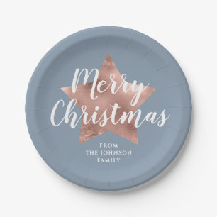 Dusty Blue Rose Gold Star Merry Christmas  Paper Plate