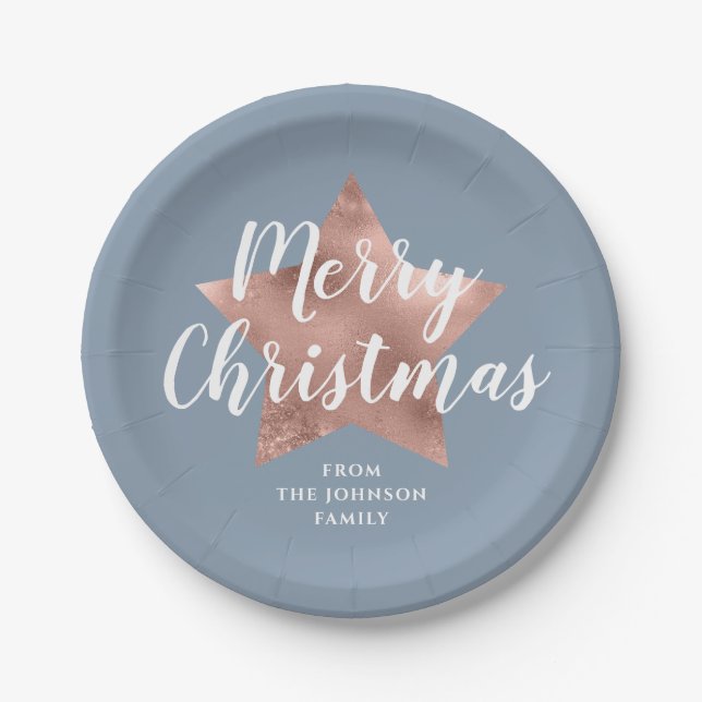 Dusty Blue Rose Gold Star Merry Christmas  Paper Plate (Front)