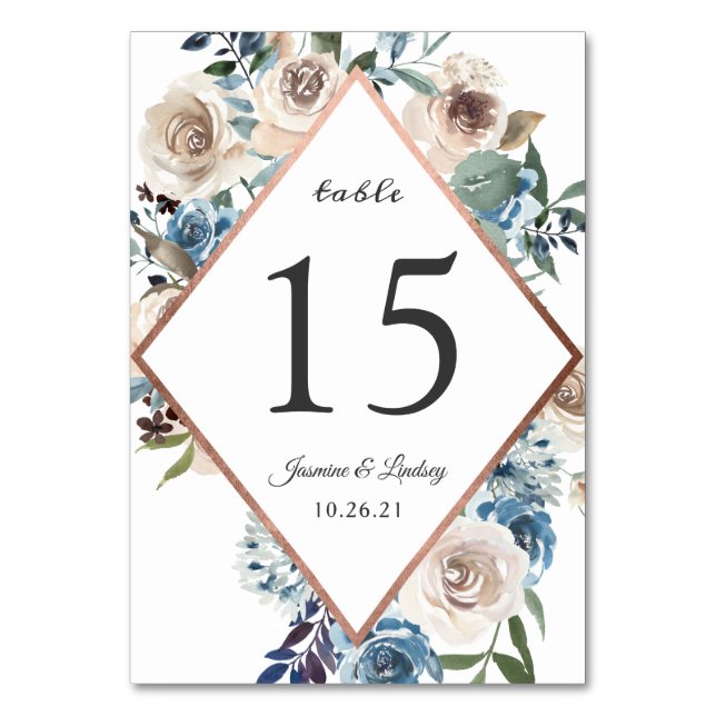 Dusty Blue Rose Gold Wedding Table Number (Front)