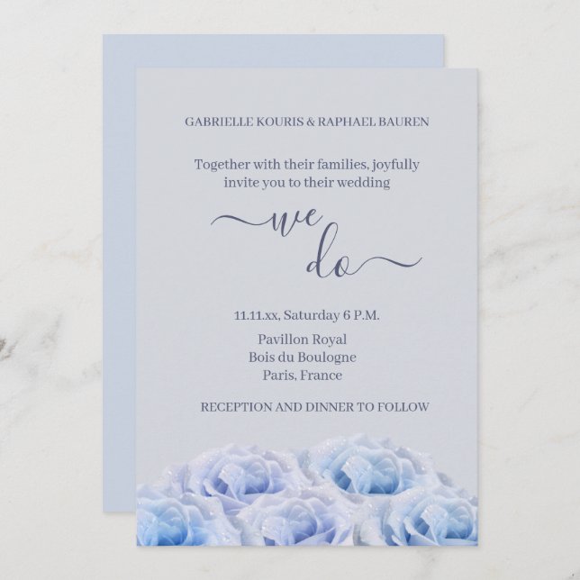 Dusty Blue Rose Grey Floral Elegant We Do Wedding Invitation (Front/Back)