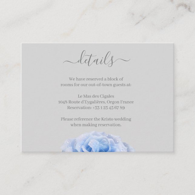 Dusty Blue Rose Grey Floral Wedding Hotel Detail Enclosure Card (Front)