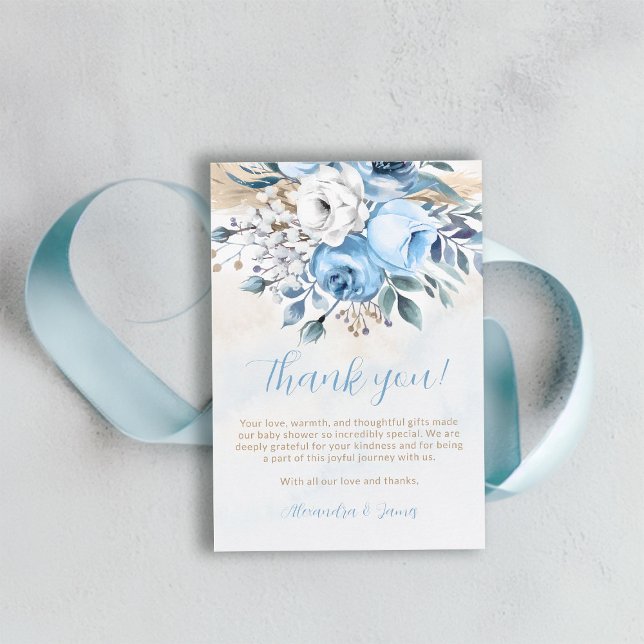 Dusty Blue Rose in Bloom Spring Summer Baby Shower Thank You Card (baby in bloom shower thank you dusty blue roses watercolor garden backyard rustic spring summer fall)
