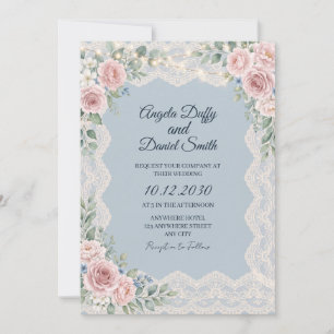 Dusty Blue Rose Lace Fairy Lights Wedding Invitation