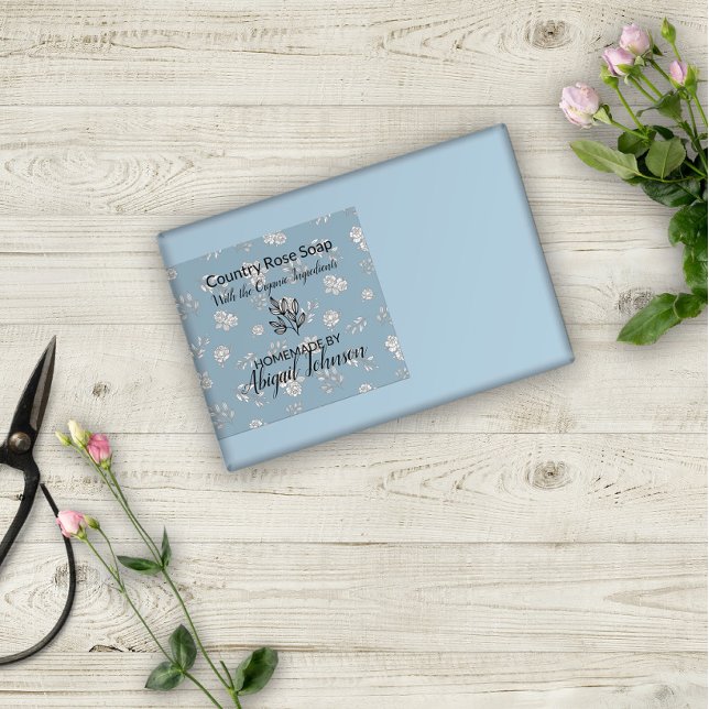 Dusty Blue Rose Leaves Line Art Modern Soap Label (Creator Uploaded)