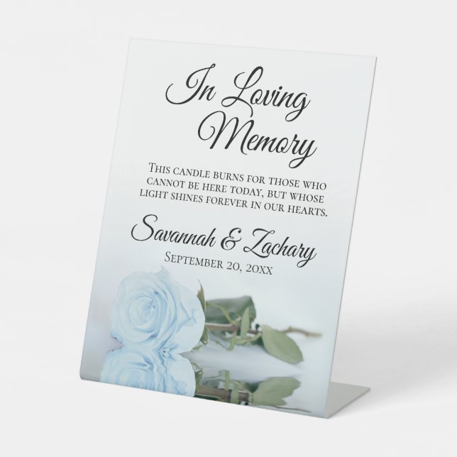 Dusty Blue Rose Loving Memory Wedding Memorial Pedestal Sign (Front)