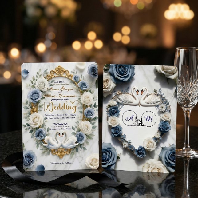 Dusty Blue Rose Marble Swan Fairytale Wedding Invitation (Creator Uploaded)