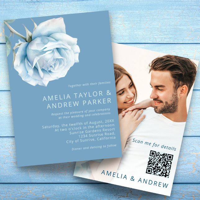 Dusty Blue Rose Modern Watercolor Floral Wedding Invitation (Creator Uploaded)