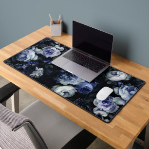 Dusty Blue Rose Moody Dark Floral Romantic  Desk Mat
