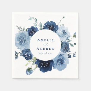 Dusty Blue Rose Navy Floral Elegant Wedding Napkin