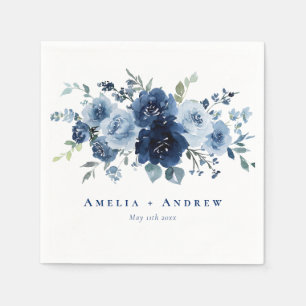 Dusty Blue Rose Navy Floral Elegant Wedding Napkin