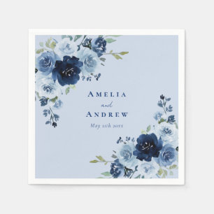 Dusty Blue Rose Navy Floral Elegant Wedding Napkin