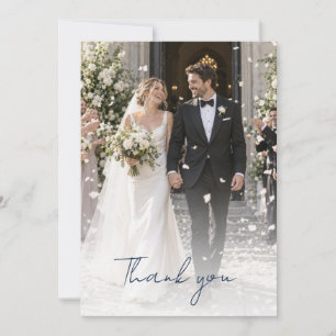 Dusty Blue Rose Navy Floral Photo Wedding Thank You Card