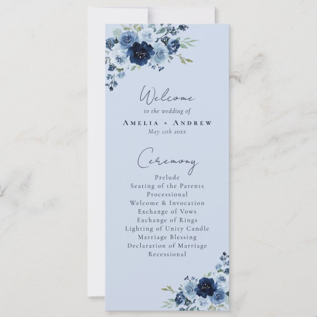 Dusty Blue Rose Navy Floral Wedding Program (Front)