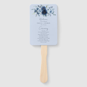 Dusty Blue Rose Navy Floral Wedding Program Hand Fan