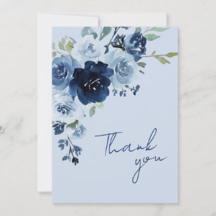 Dusty Blue Rose Navy Floral Wedding Thank You Card