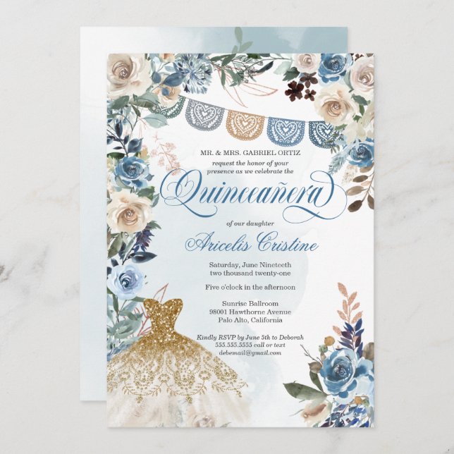 Dusty Blue Rose Papel Picado Country Quinceañera Invitation (Front/Back)