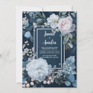 Dusty Blue Rose Peony Eucalyptus Wedding Invitation