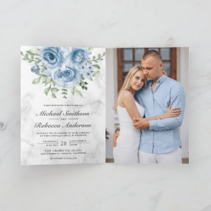 Dusty Blue Rose Photo White Marble QR Code Wedding Invitation