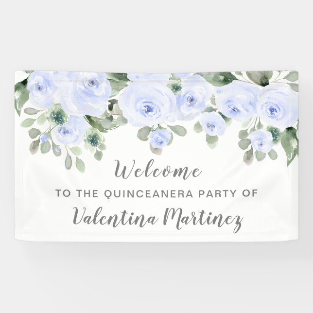Dusty Blue Rose Quinceanera Party Welcome  Banner (Horizontal)
