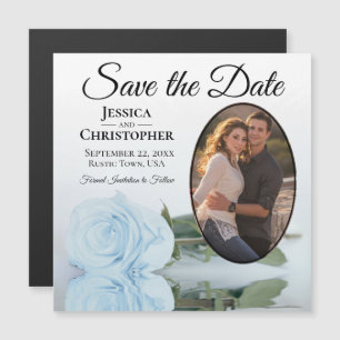 Dusty Blue Rose Save The Date Oval Photo Magnet