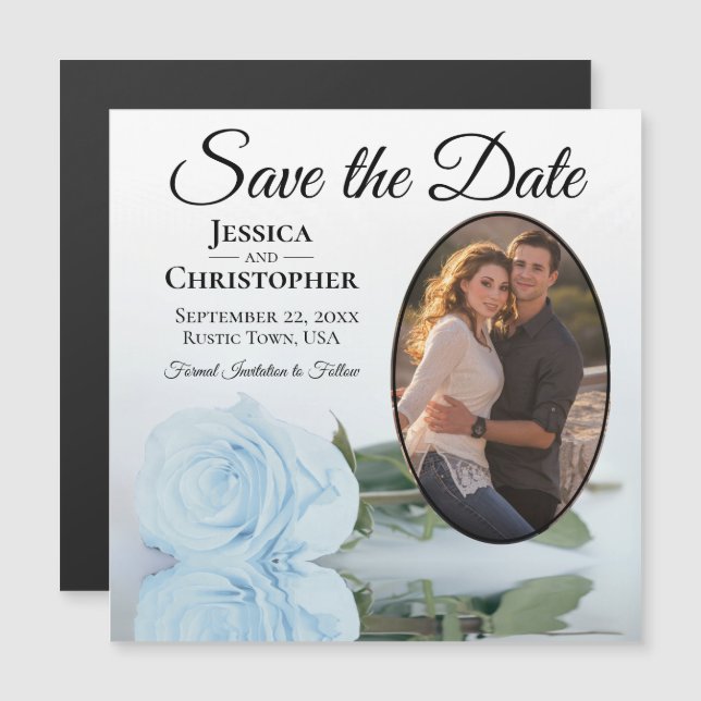 Dusty Blue Rose Save The Date Oval Photo Magnet (Front/Back)