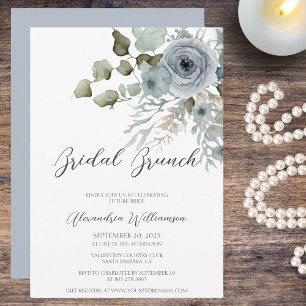 Dusty Blue Rose Watercolor Bridal Shower Brunch  Invitation