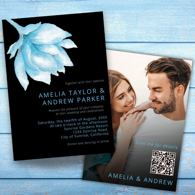 Dusty Blue Rose Watercolor QR Code Photo Wedding Invitation (Creator Uploaded)