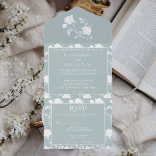 Dusty Blue Rose Wedding All In One Invitation
